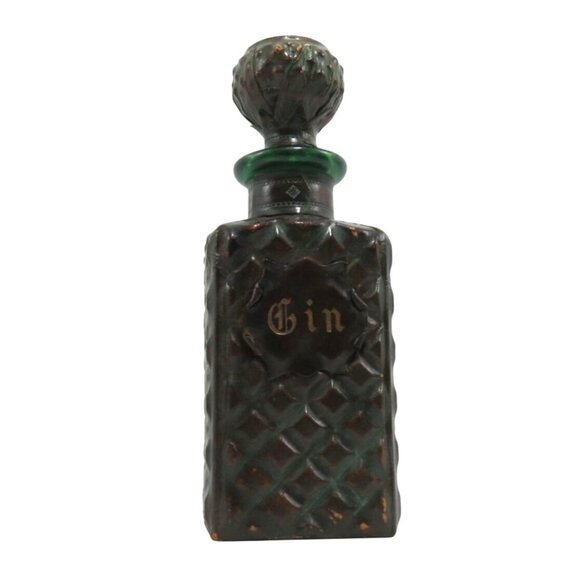 Green Glass DECANTER with LEATHER Wrap and Diamond X Pattern 10" 1960s Vintage - Picture 1 of 13